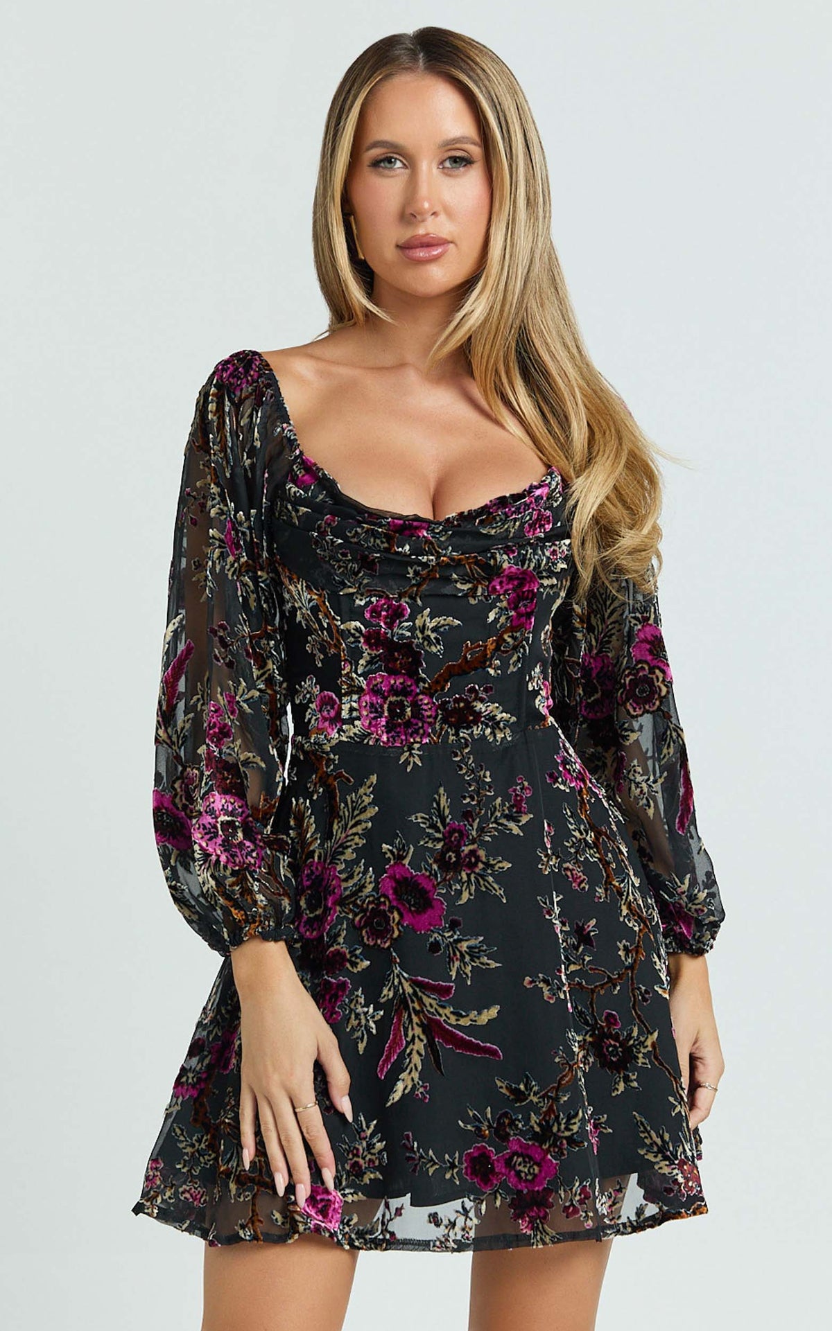 Jessell Mini Dress - Long Sleeve Cowl Corset Dress in Burnt Out Floral