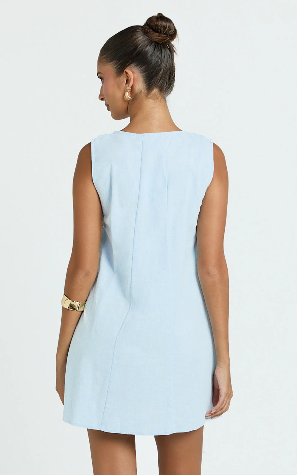 Lucinda Mini Dress - Deep U Gathered Neck Smock Dress in Pale Blue