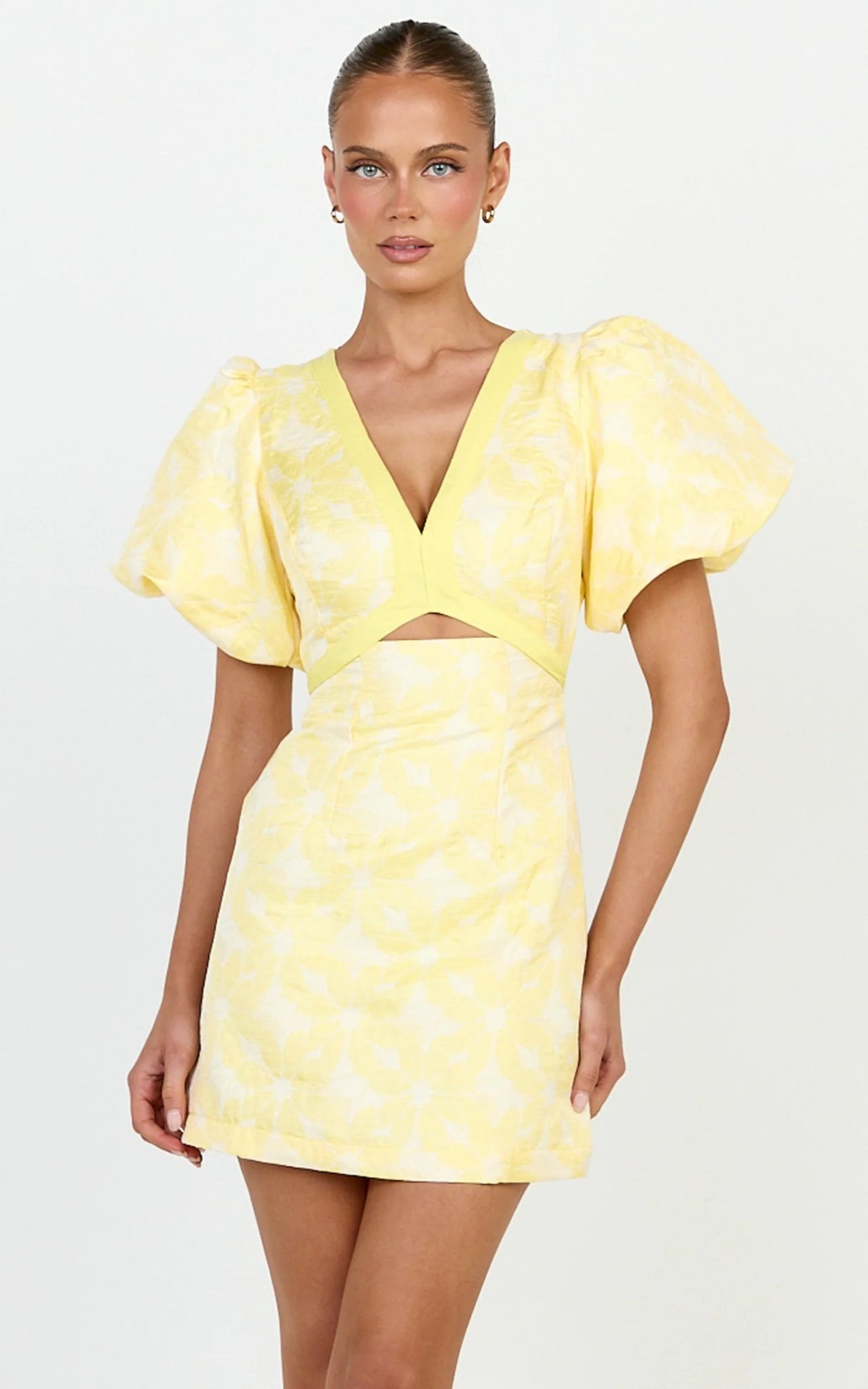 Diana Mini Dress - Jacquard Short Sleeve Cut Out Dress in Lemon