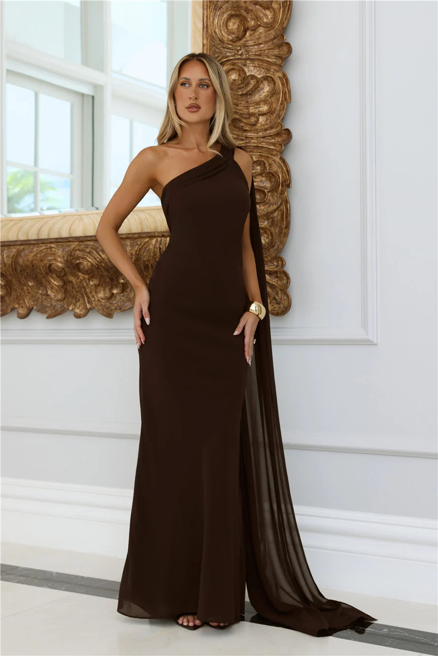 Sultry Drape One Shoulder Maxi Dress Yellow