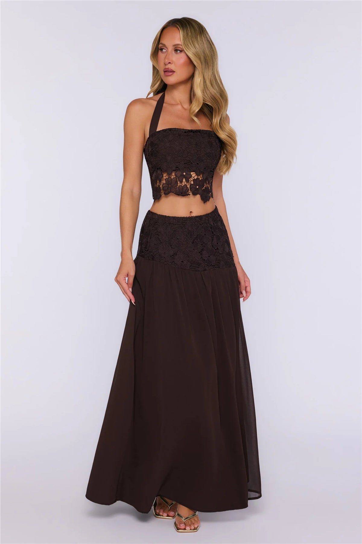 Dream Mood Embroidered Halter Crop Top Brown