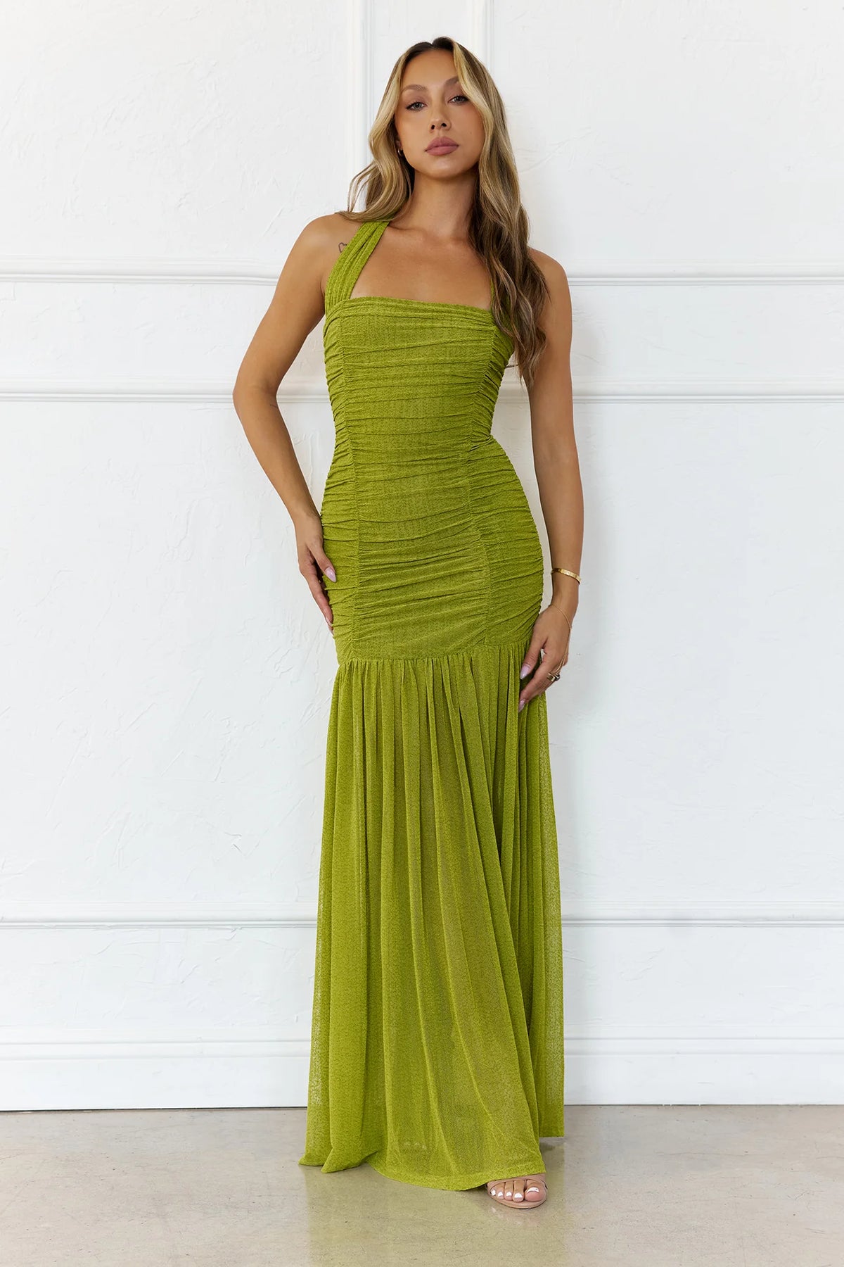 Evelyn Luxe Mesh Halter Maxi Dress Teal