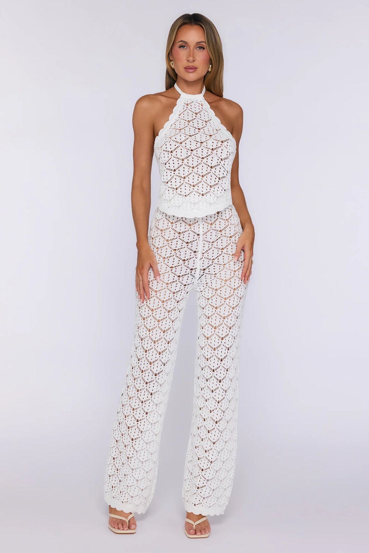 Palm Shade Halter Knit Top White