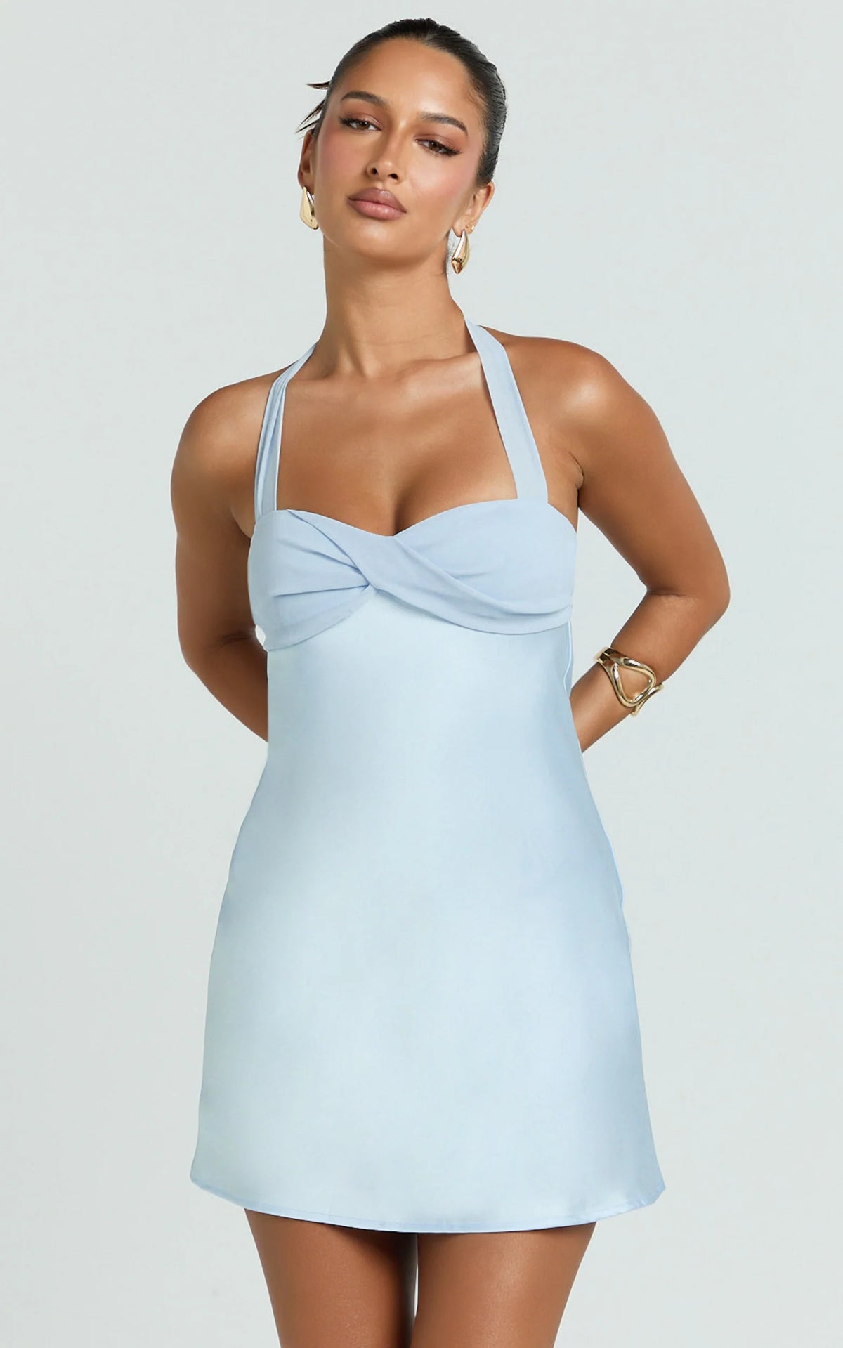 Flynn Mini Dress - Satin Halter Sweetheart Neck Dress in Pink