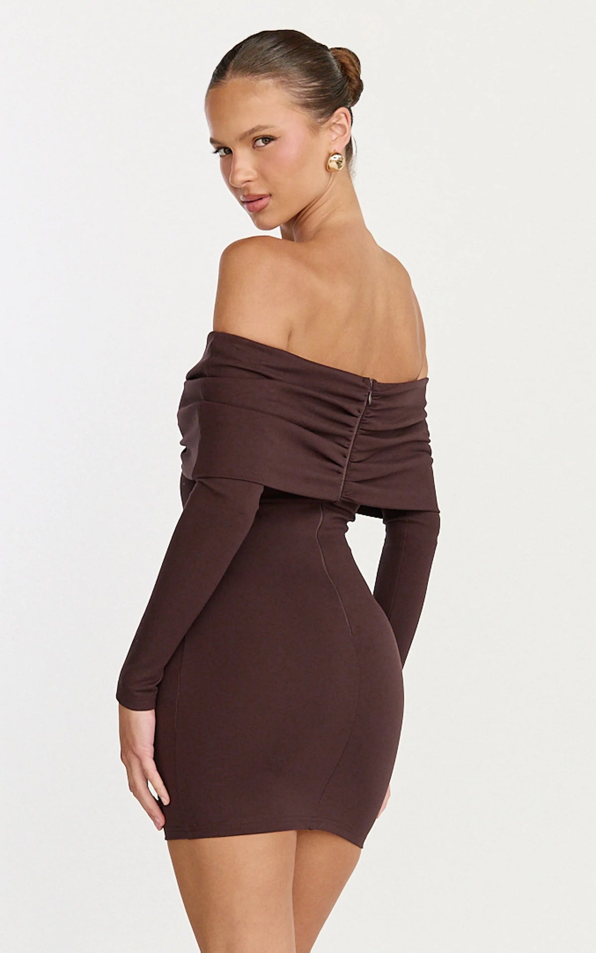 Rani Mini Dress - Off Shoulder Long Sleeve Bodycon Dress in Wine