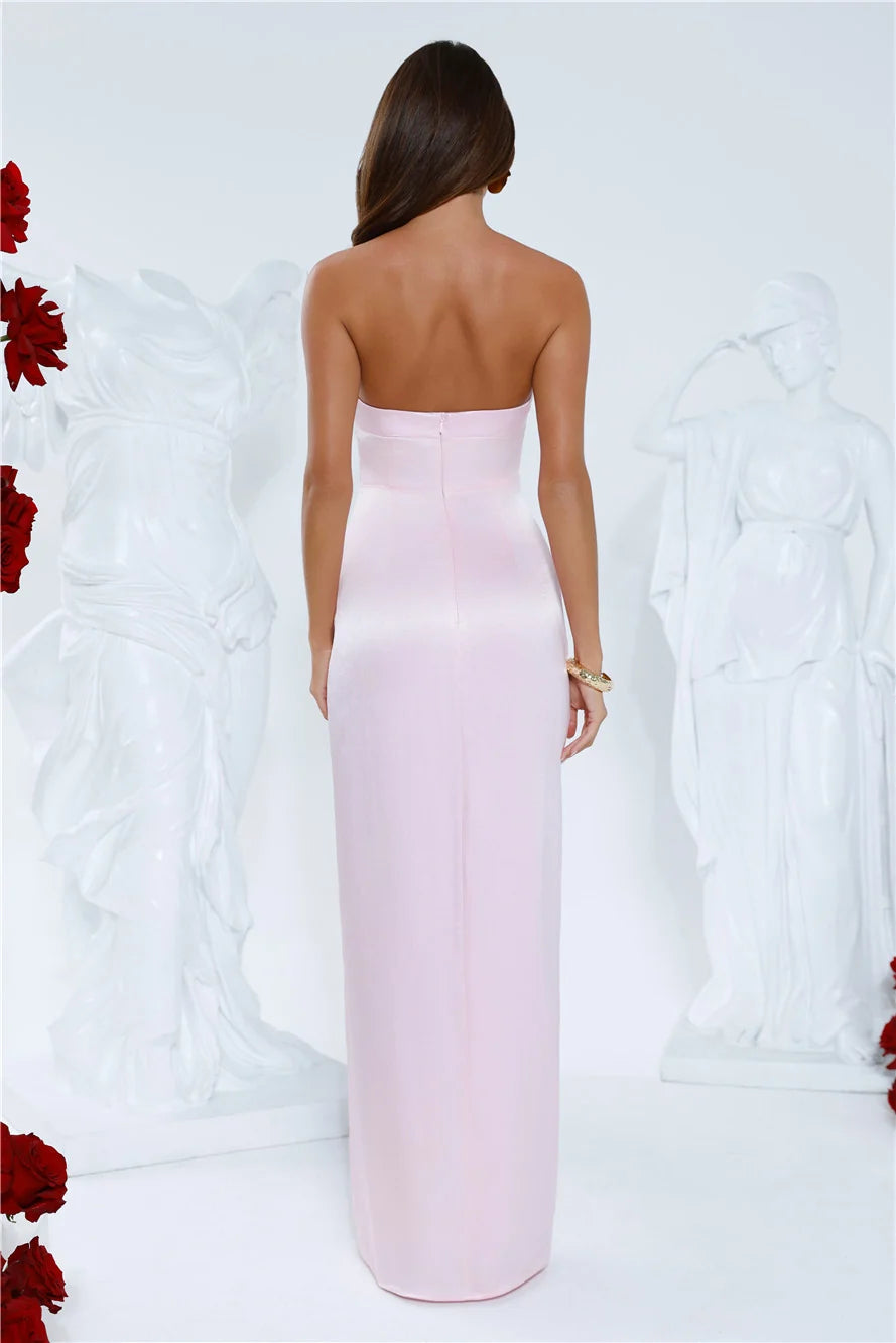 Sleek Aura Strapless Satin Maxi Dress Navy