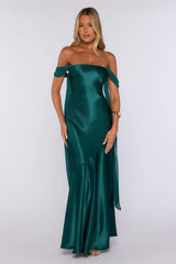 Evening Glam Off Shoulder Satin Maxi Dress Green