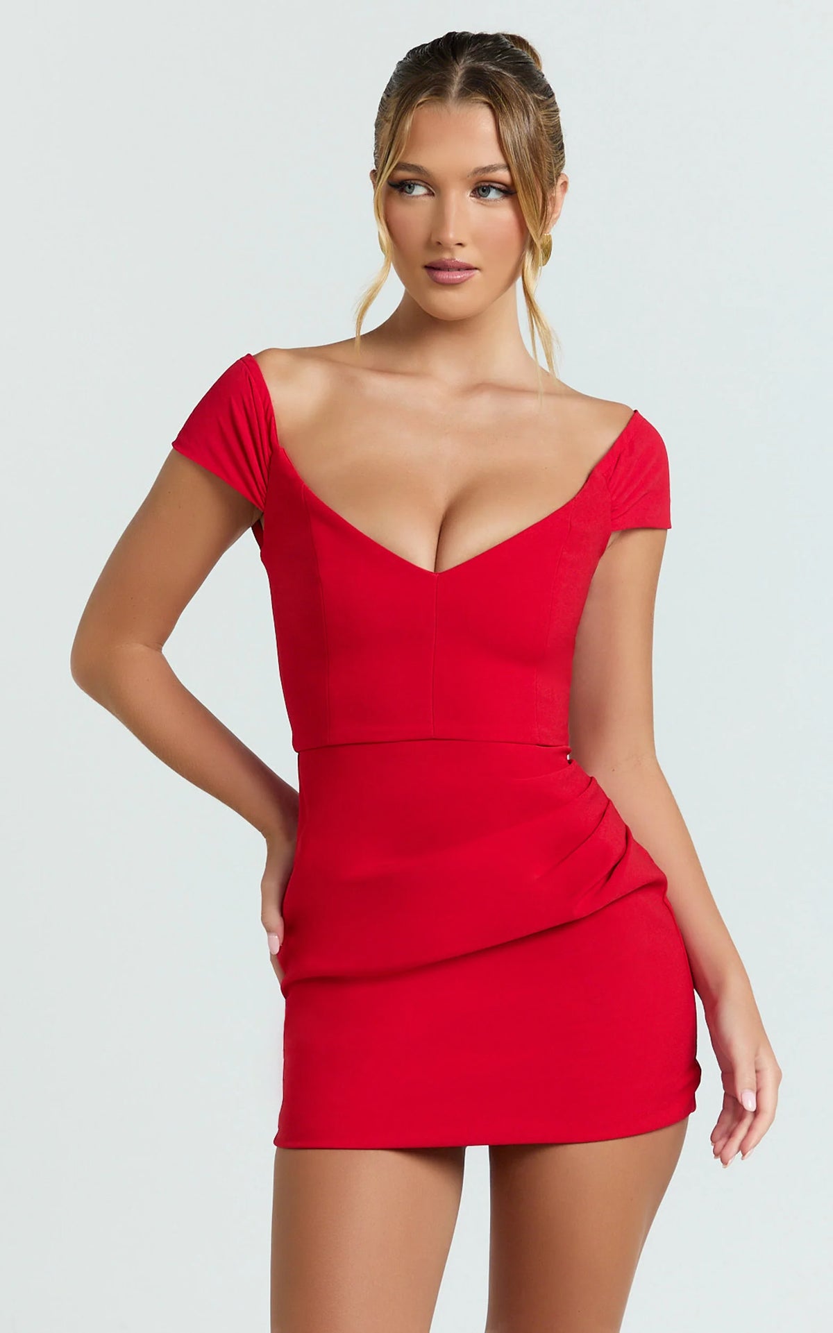 Veronika Mini Dress - Off Shoulder Plunge Fit And Flare Dress in Blue