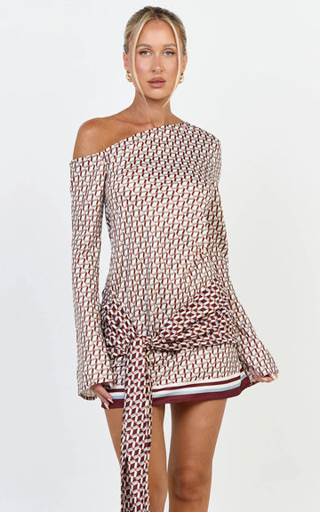 Noelle Mini Dress - Geo Print Off Shoulder Tie Front Dress in Geo Border Print