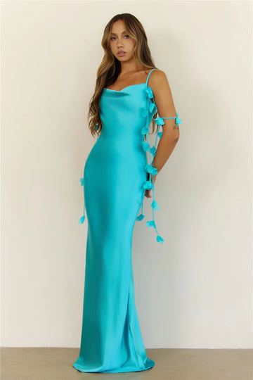 Ethereal Garden Floral Petal Satin Cowl Neck Maxi Dress Blue