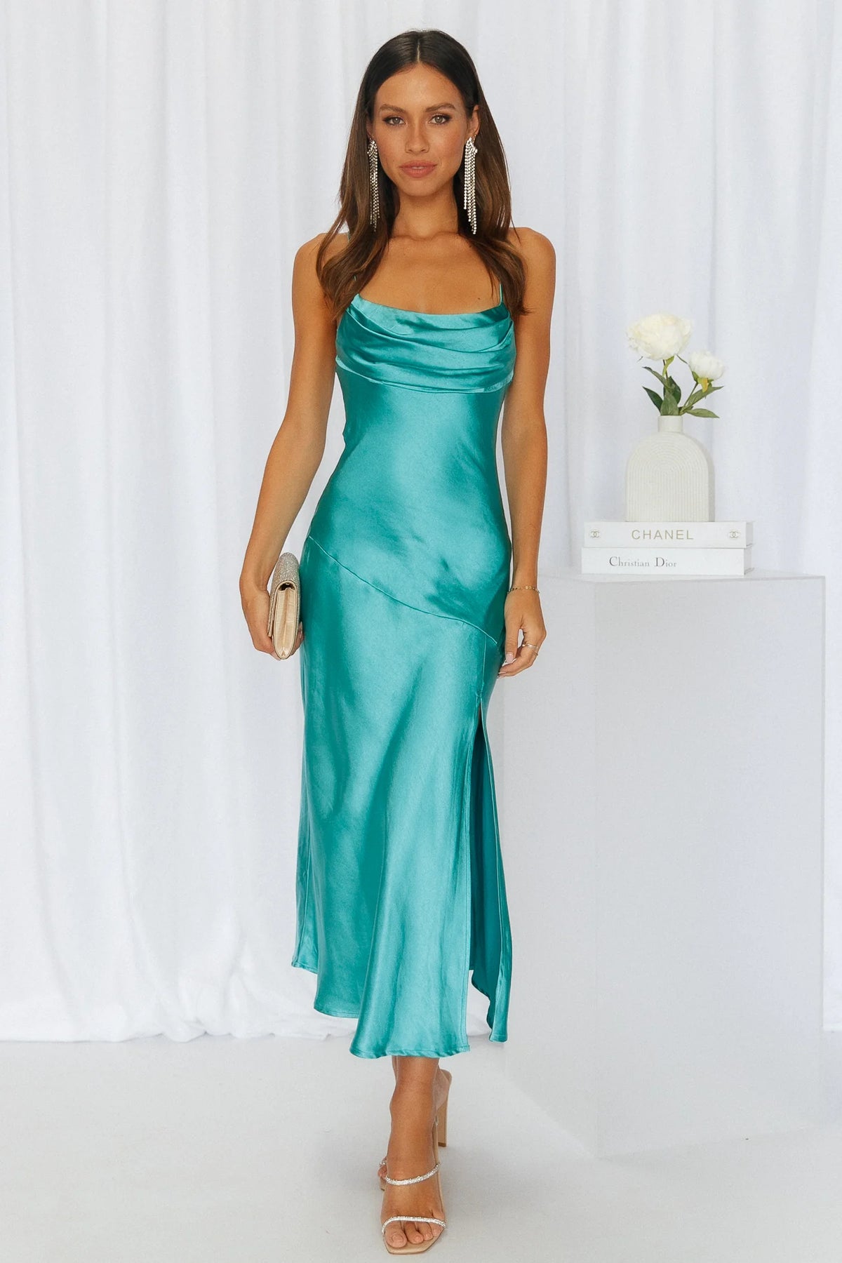 Lychee Martini Satin Midi Dress Forest Green