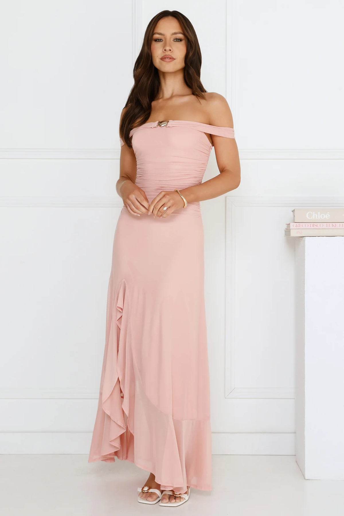 Sprinkle Spark Off Shoulder Mesh Maxi Dress Pink