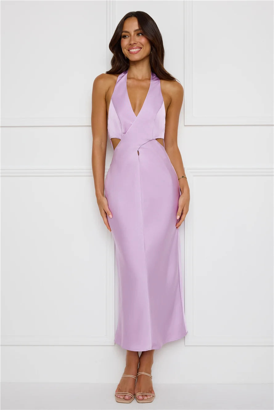 Chic Soirée Satin Halter Midi Dress Lilac