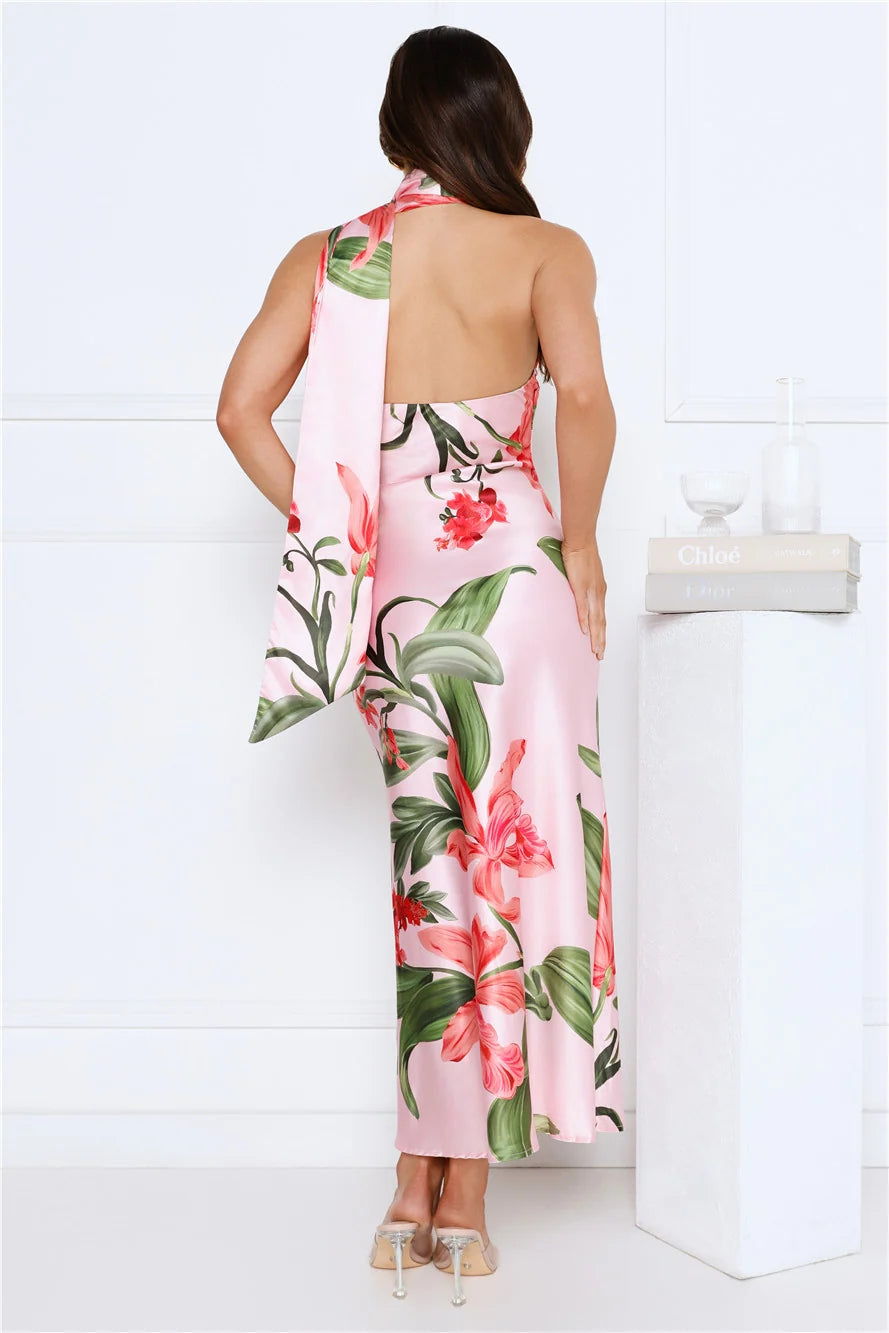 Romance In Bloom Satin Maxi Dress Blue