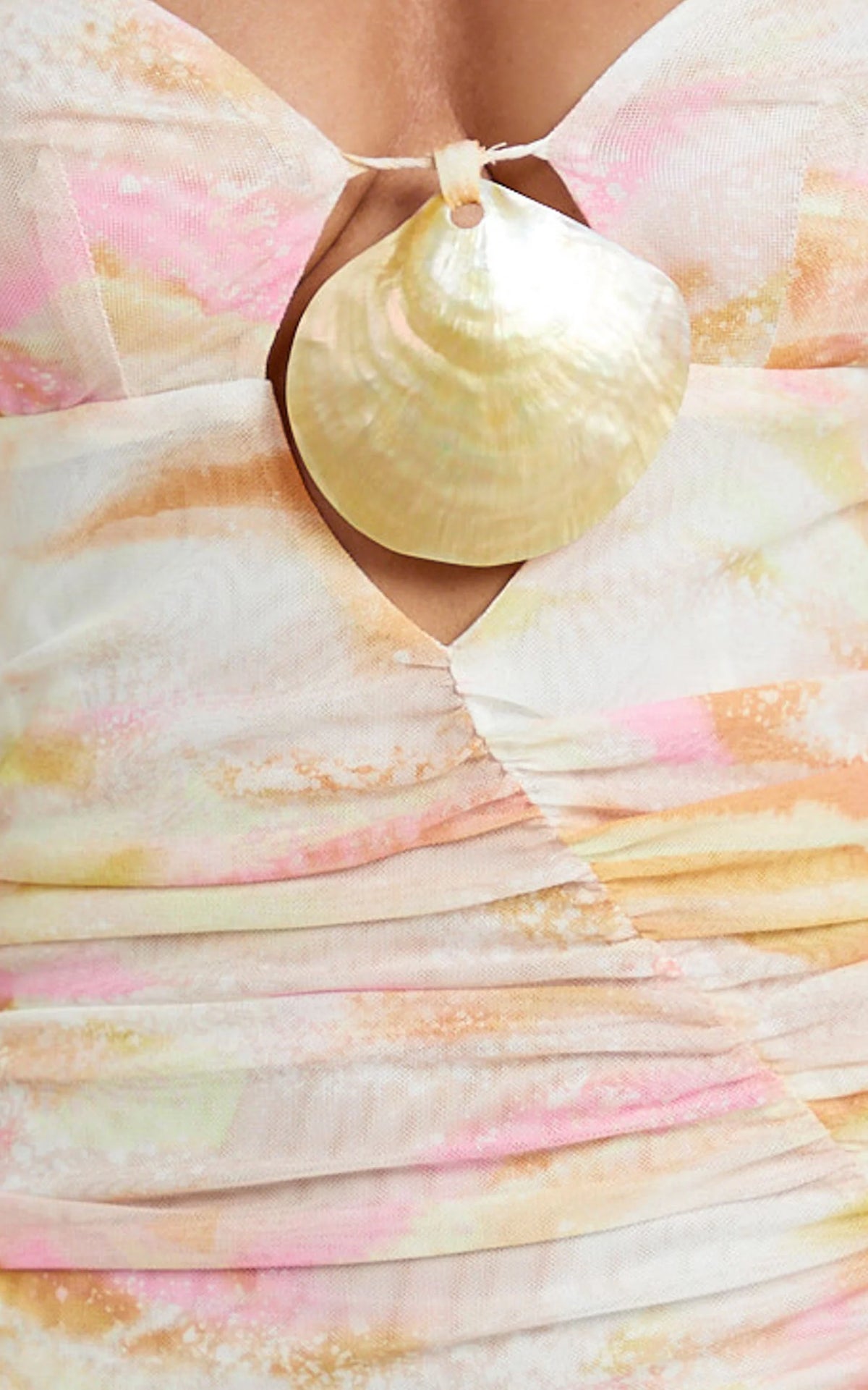 Racquelle Mini Dress - Strappy Fitted Shell Trim Frill Hem Mesh Print Dress in Ocean Foam Print