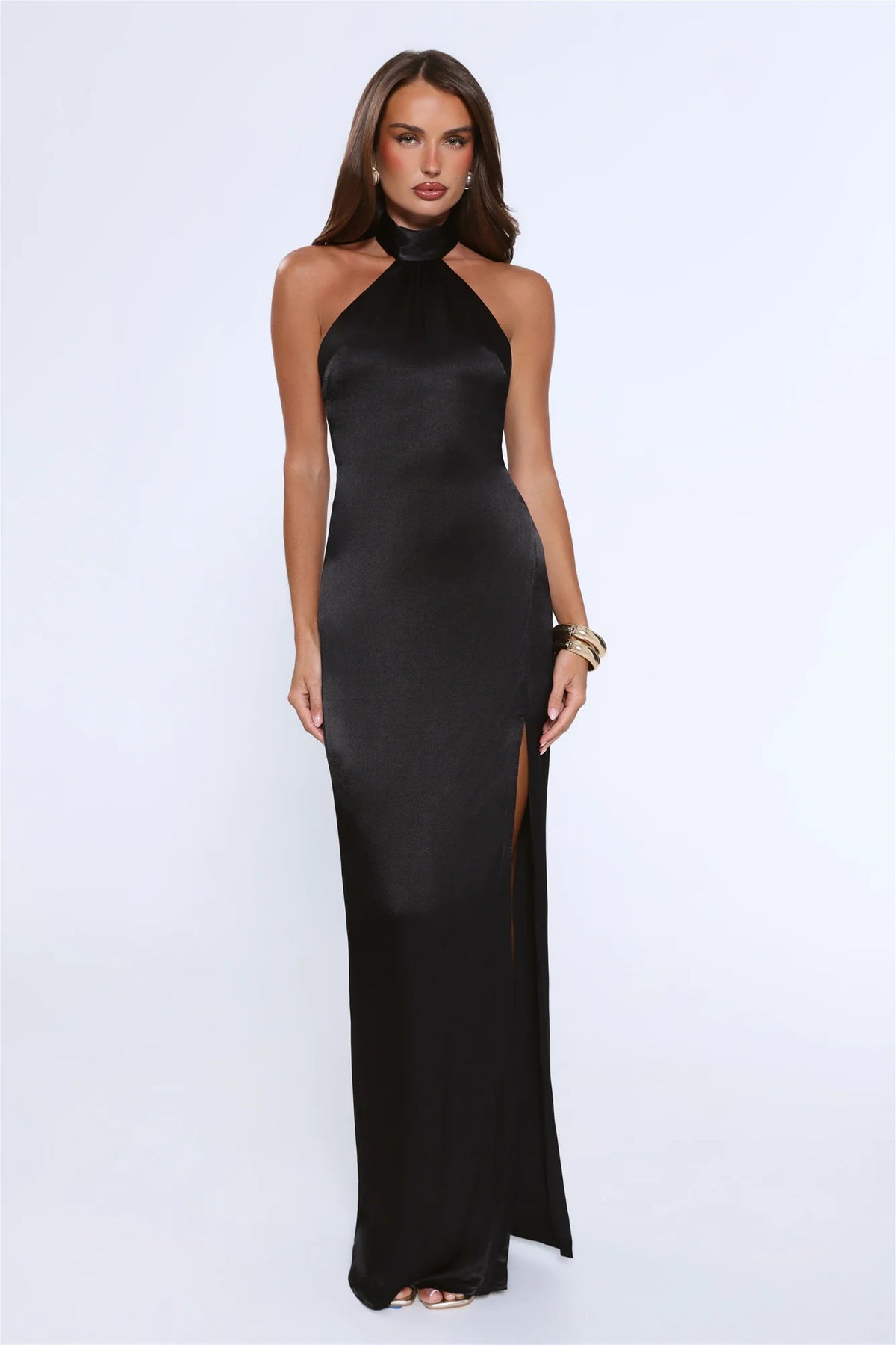 Effortless Luxe Halter Satin Maxi Dress Chocolate