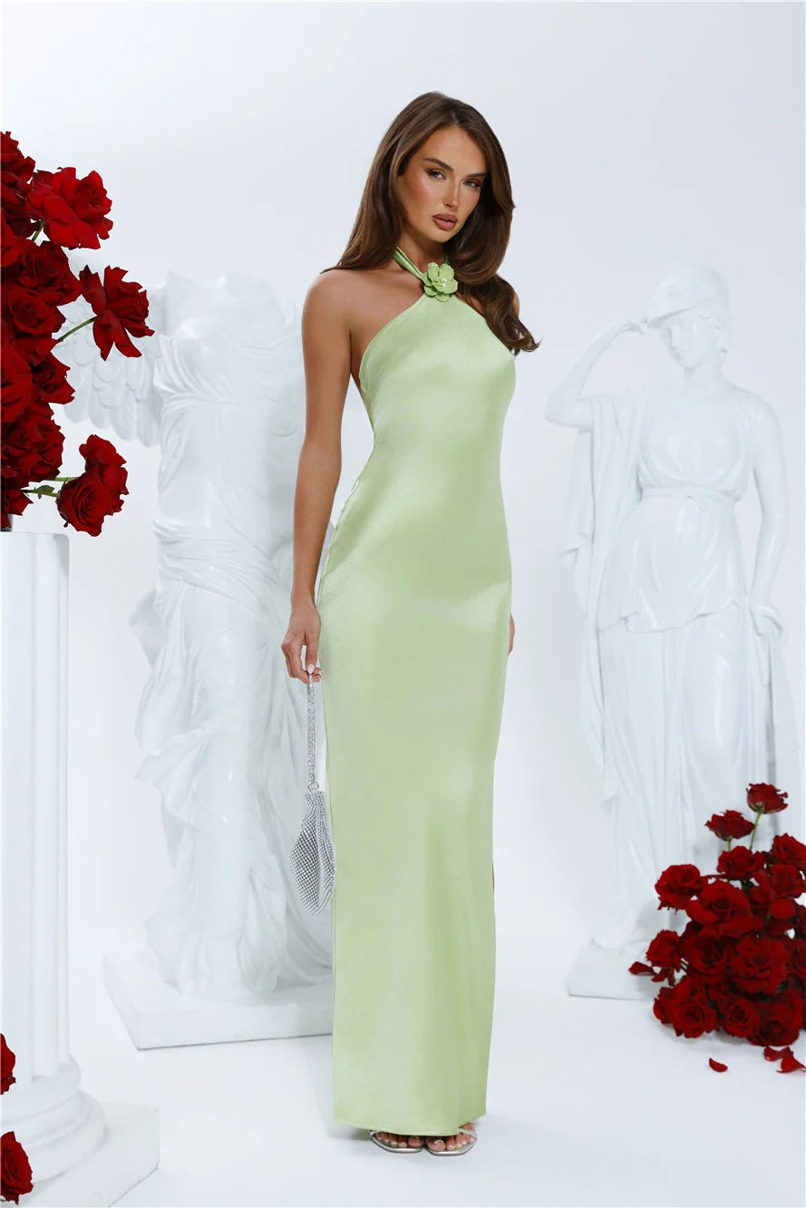 Clover Fields Satin Halter Maxi Dress Lime