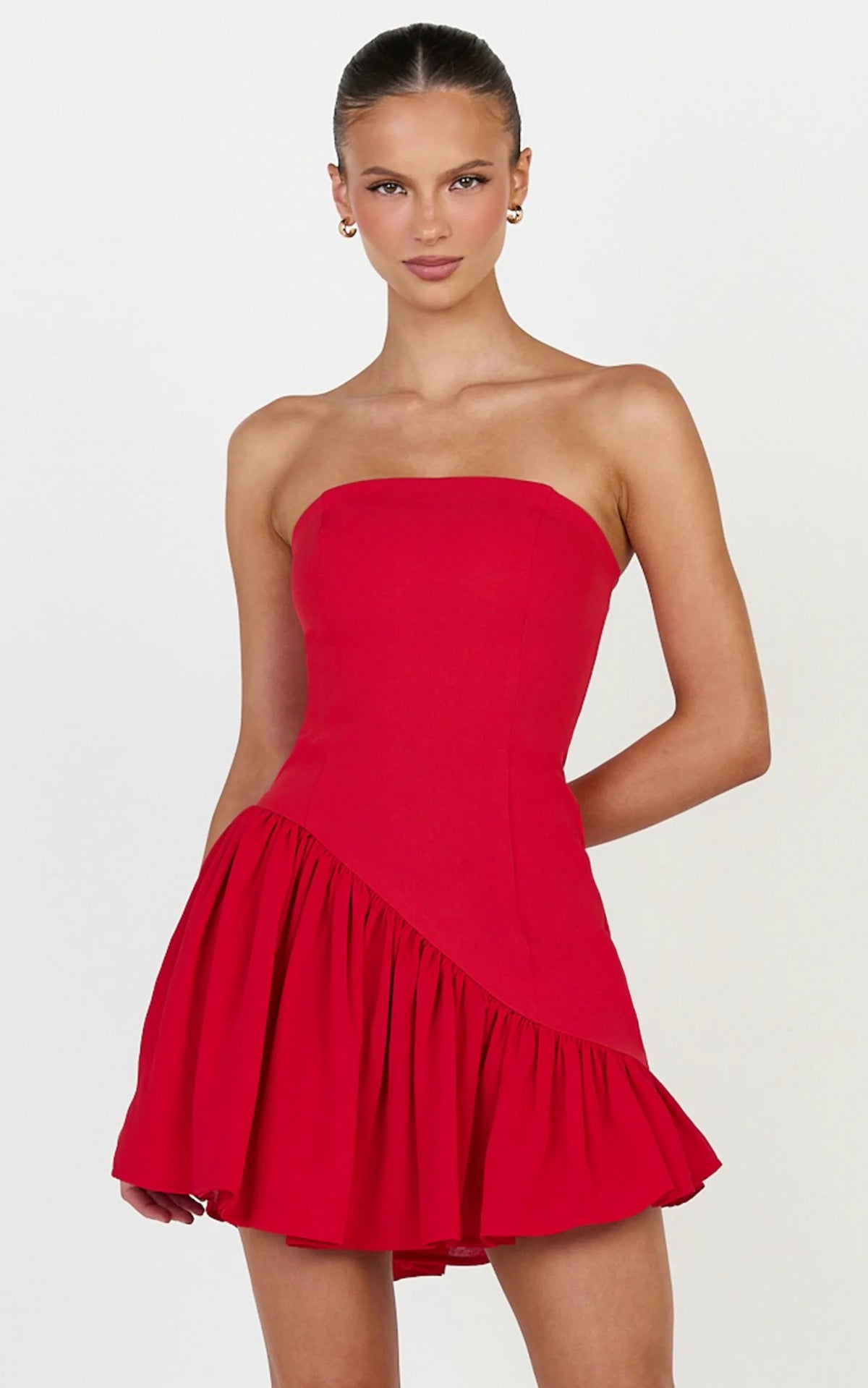 Calla Mini Dress - Strapless Gathered Asymmetric Dropped Waist Dress in Light Blue