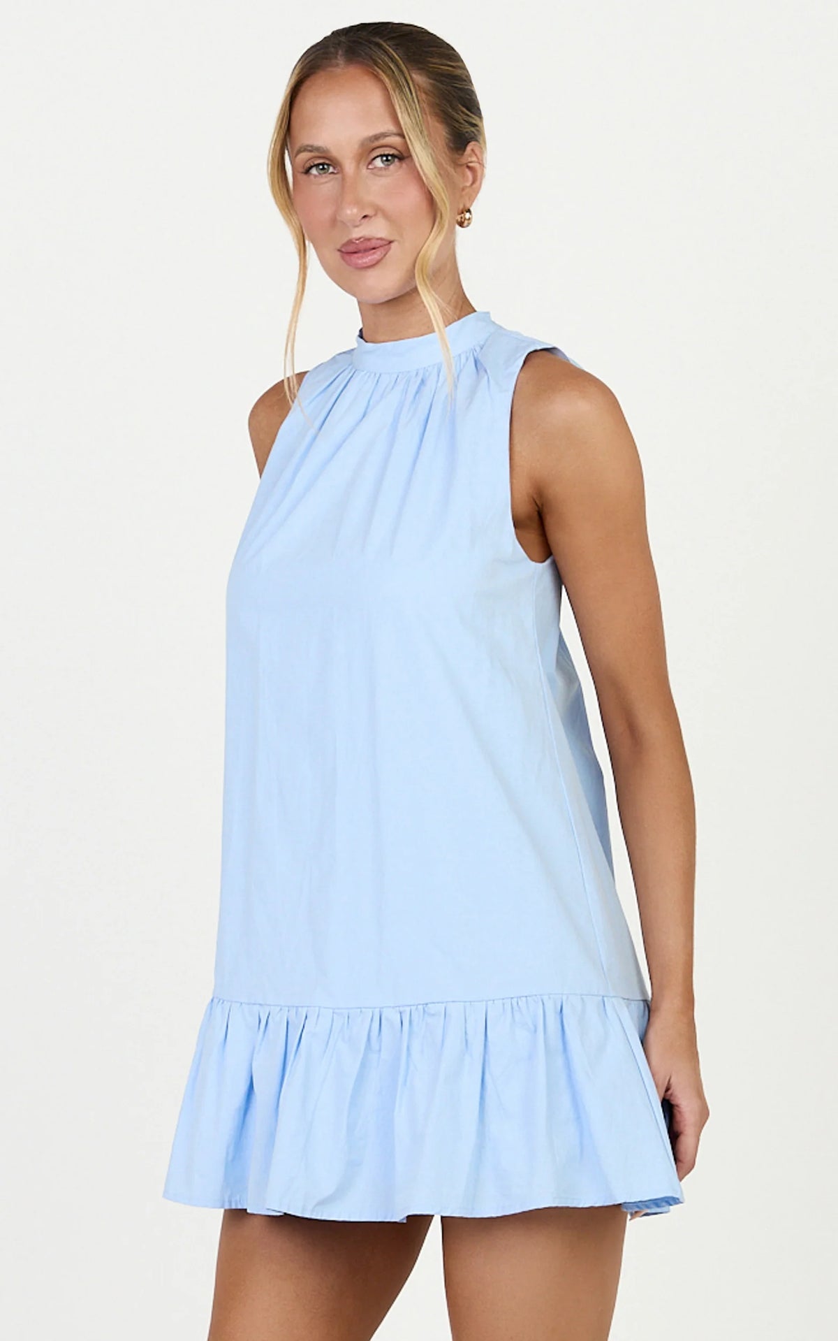 Jacqueline Mini Dress - Sleeveless Tie Detail Smock Dress in Pale Blue