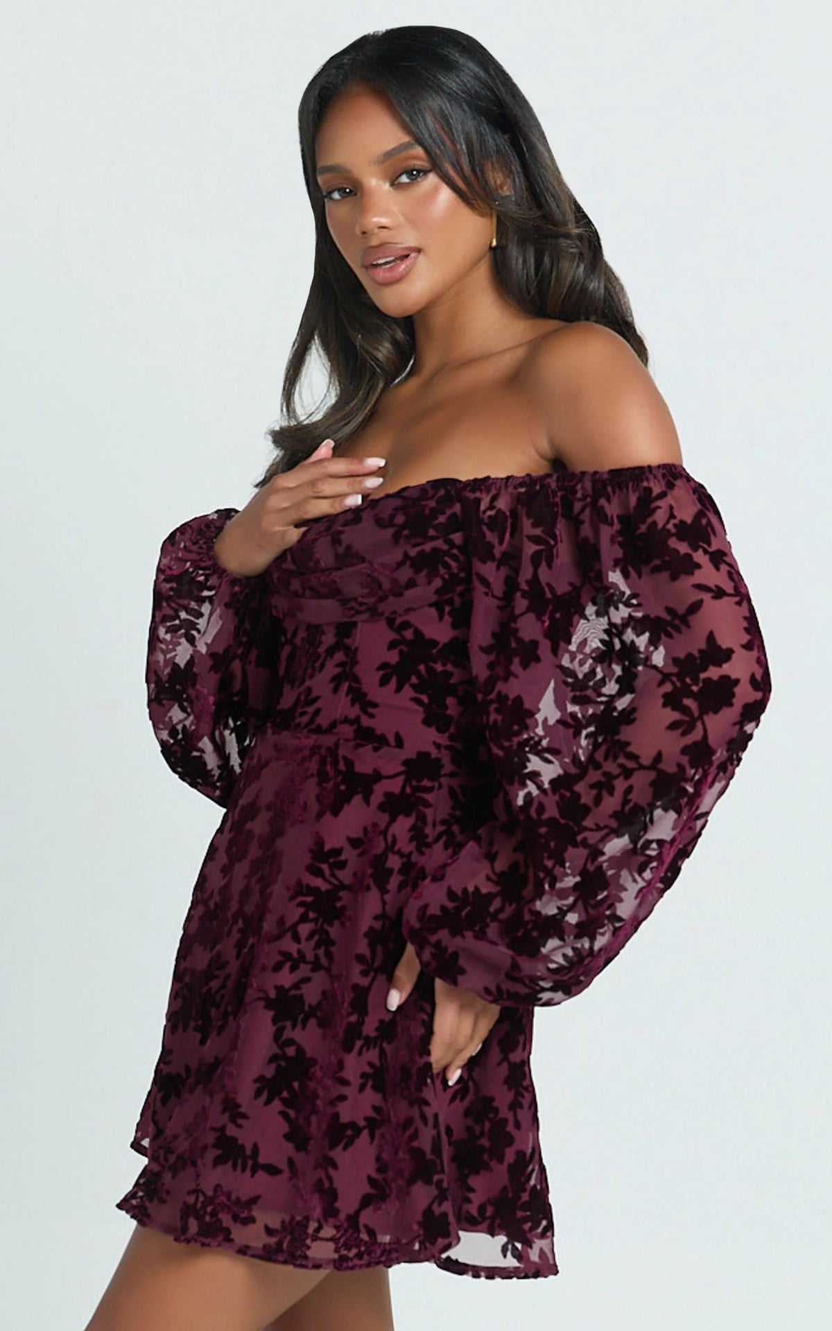 Jessell Mini Dress - Long Sleeve Cowl Corset Dress in Burnt Out Floral