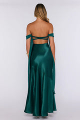 Evening Glam Off Shoulder Satin Maxi Dress Green