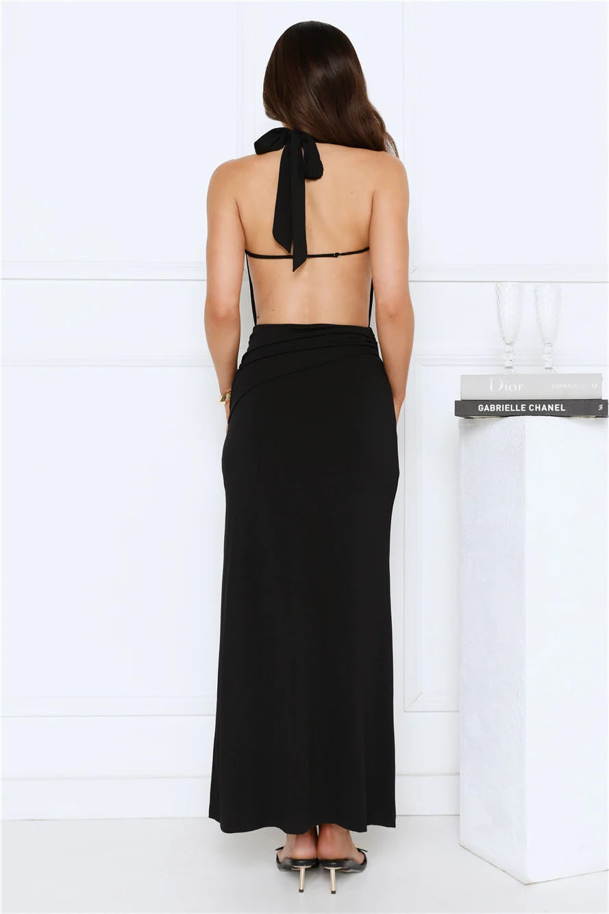 Silk Essence Halter Maxi Dress Black