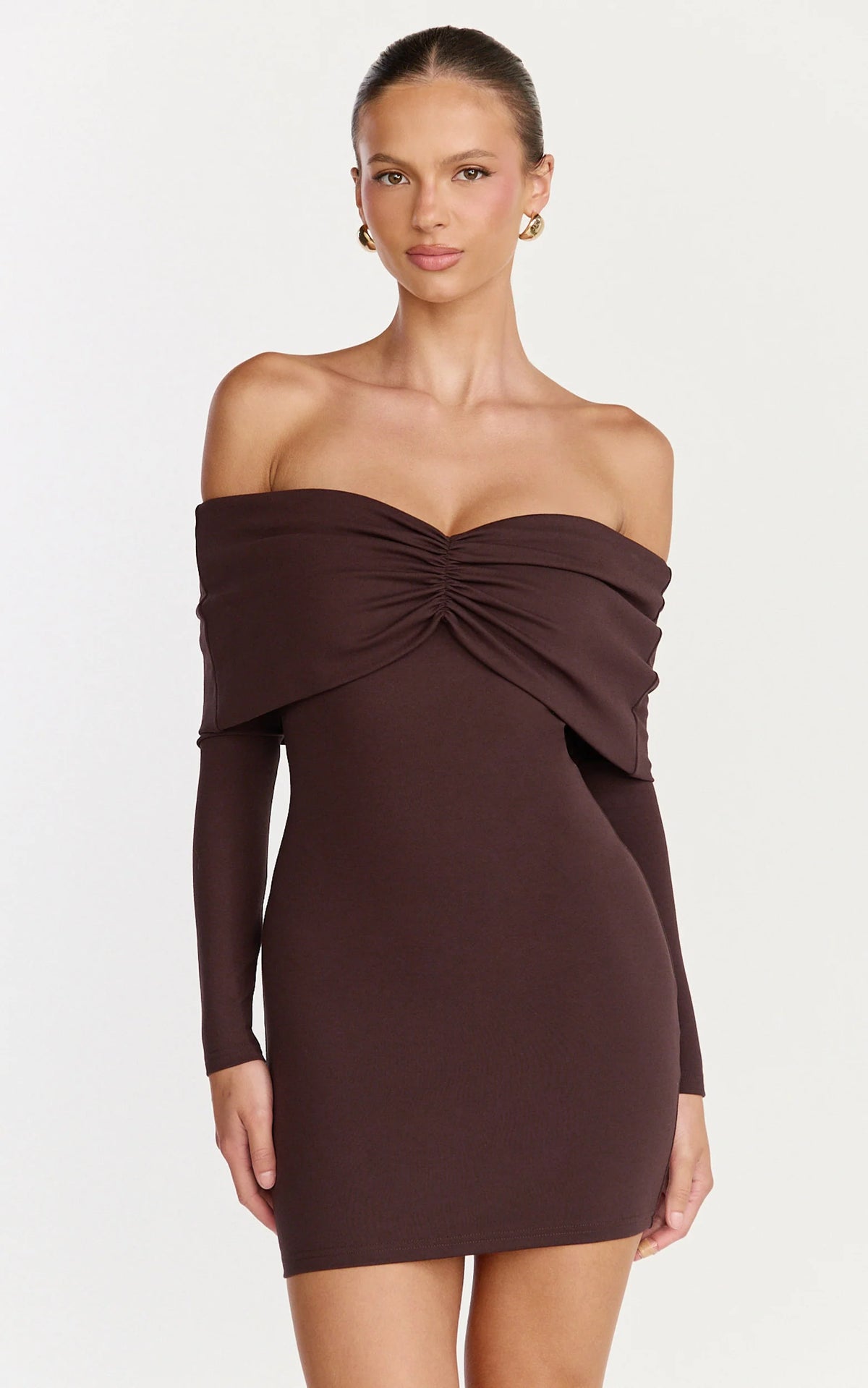 Rani Mini Dress - Off Shoulder Long Sleeve Bodycon Dress in Wine