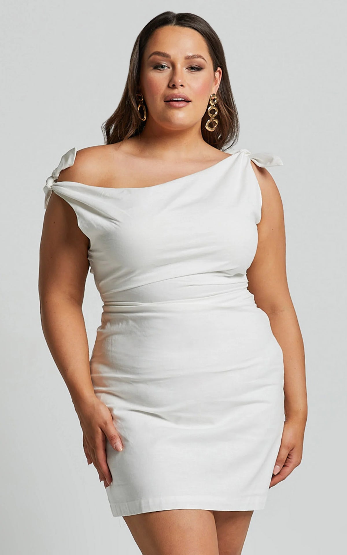 Jeofina Mini Dress - Off The Shoulder Linen Look Dress in Pale Blue