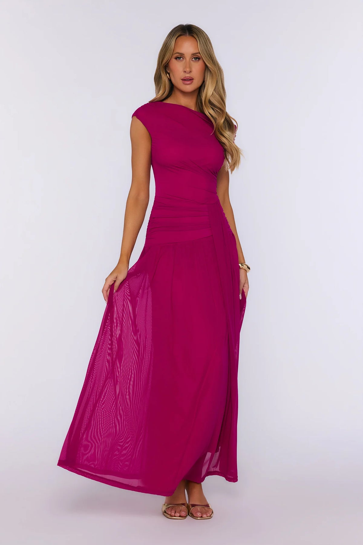 Out For Something Off Shoulder Mesh Maxi Dress Magenta