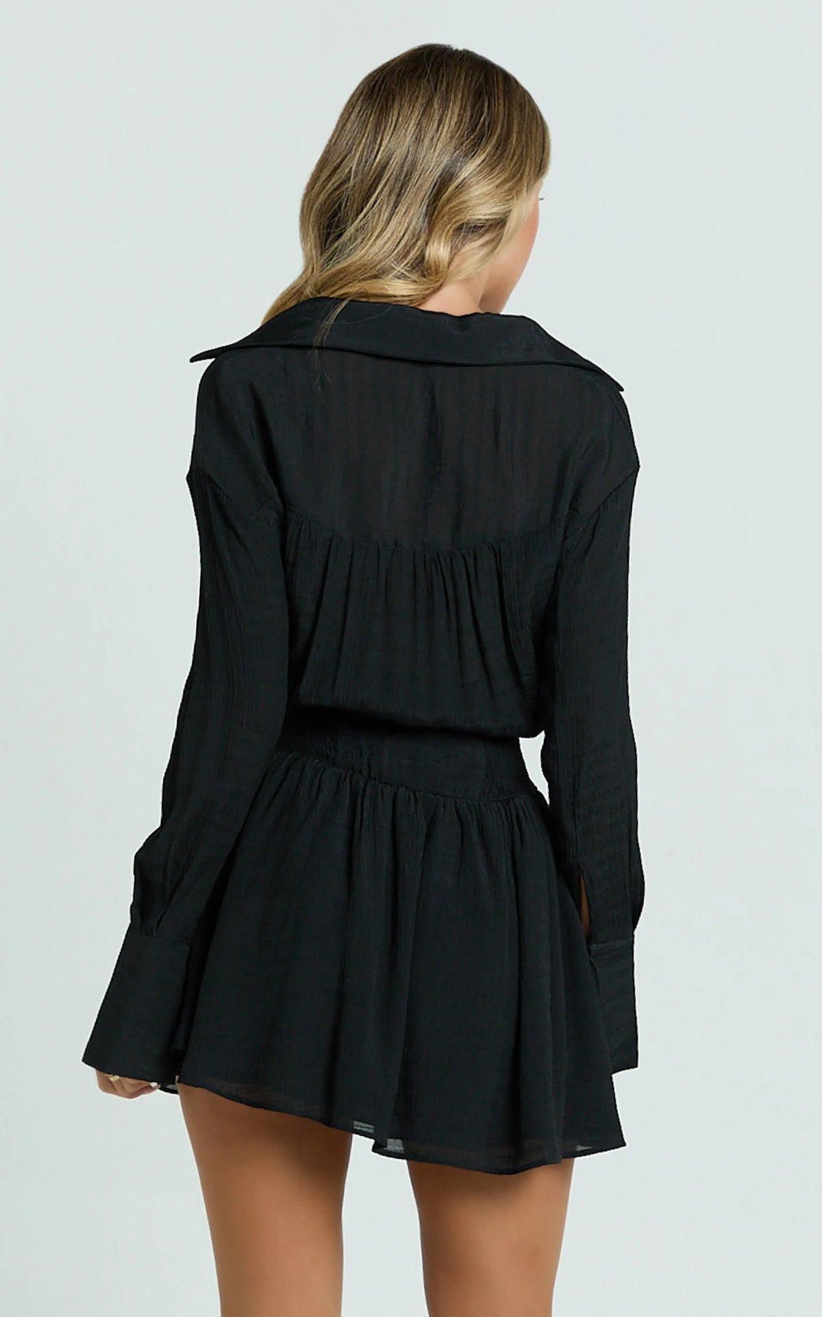 Valerie Mini Dress - Collared Long Sleeve Waist Shirt Dress in Black Polka Dot