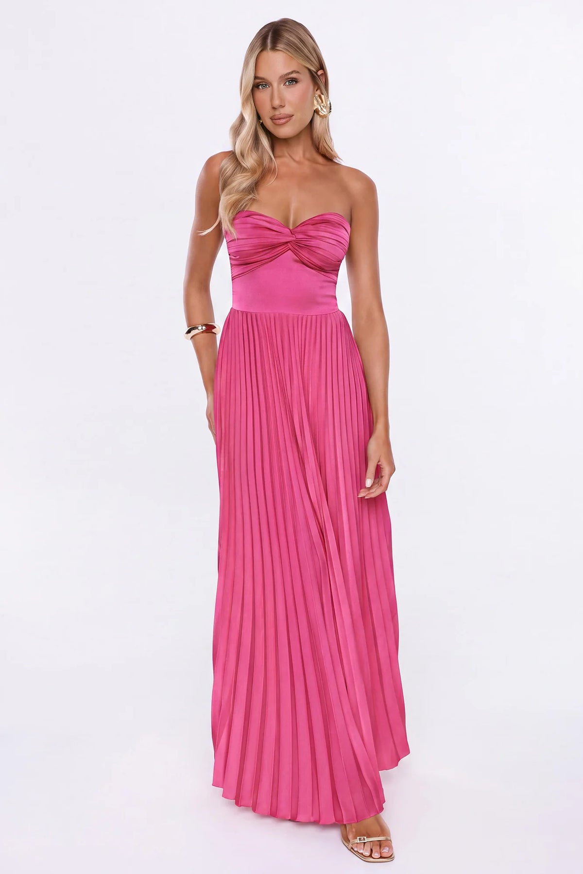 Dress Society Satin Pleated Strapless Maxi Dress Yellow