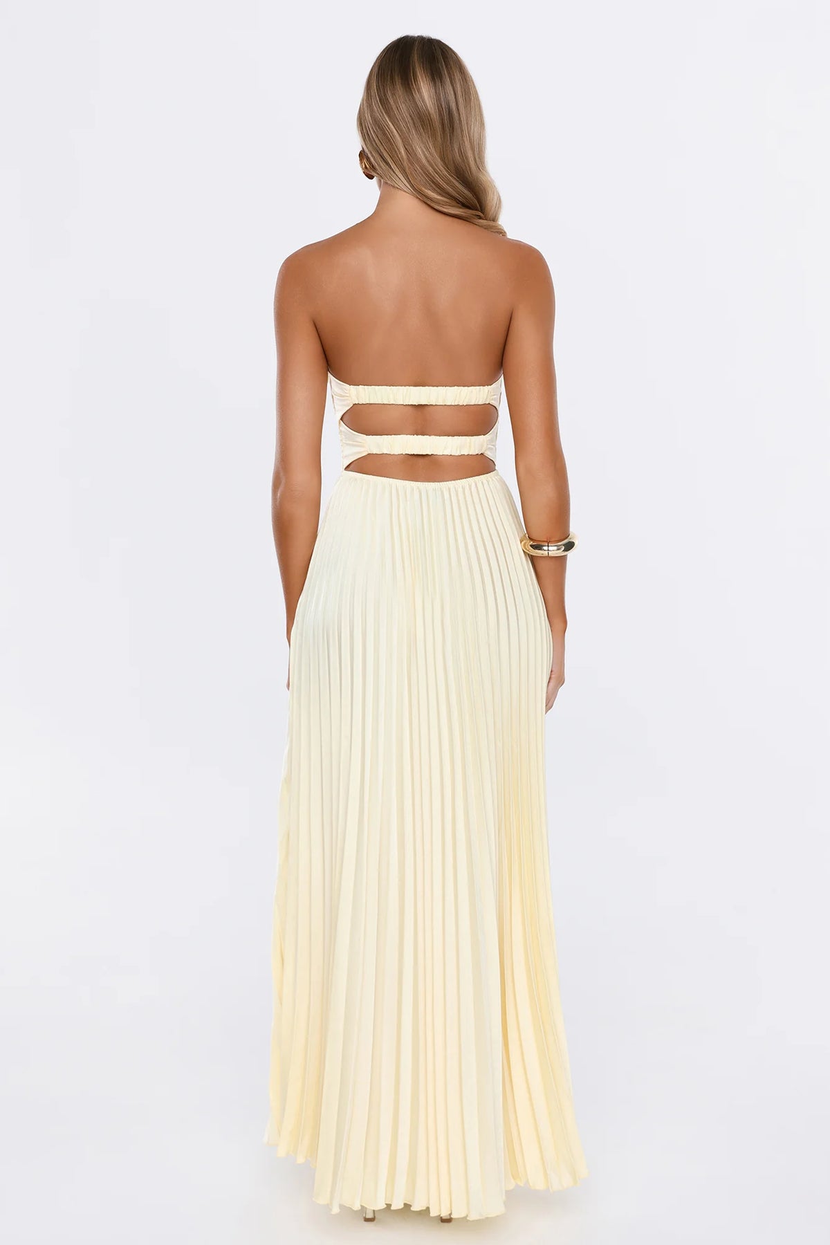 Dress Society Satin Pleated Strapless Maxi Dress Yellow