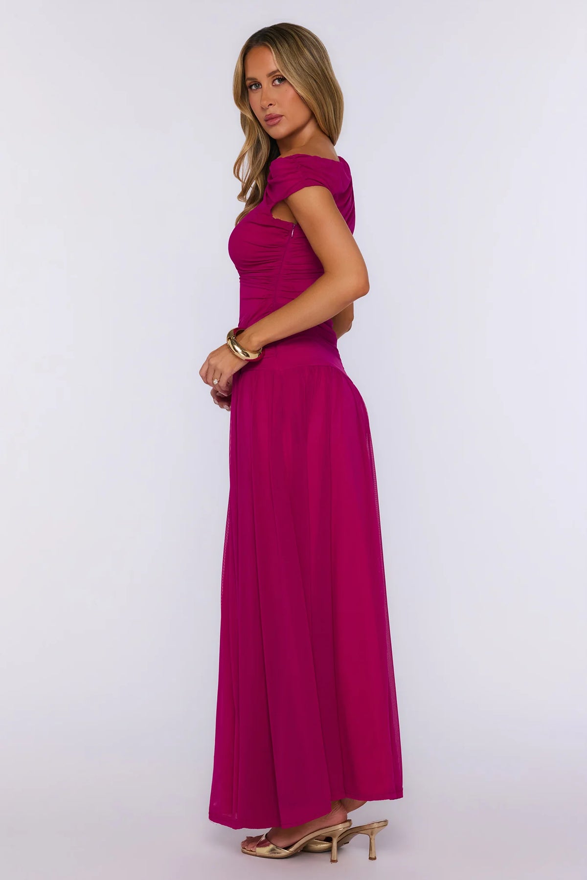 Out For Something Off Shoulder Mesh Maxi Dress Magenta