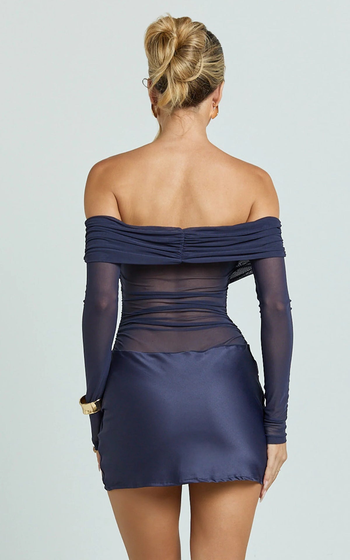 Jade Mini Dress - Long Sleeve Off Shoulder Draped Bias Cut Dress in Black