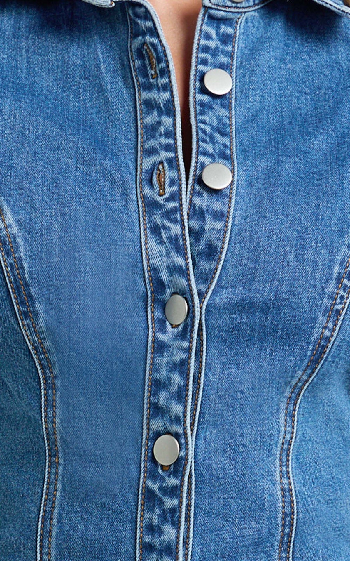 Laine Mini Dress - Button Down Denim Shirt Dress in Mid Blue Wash