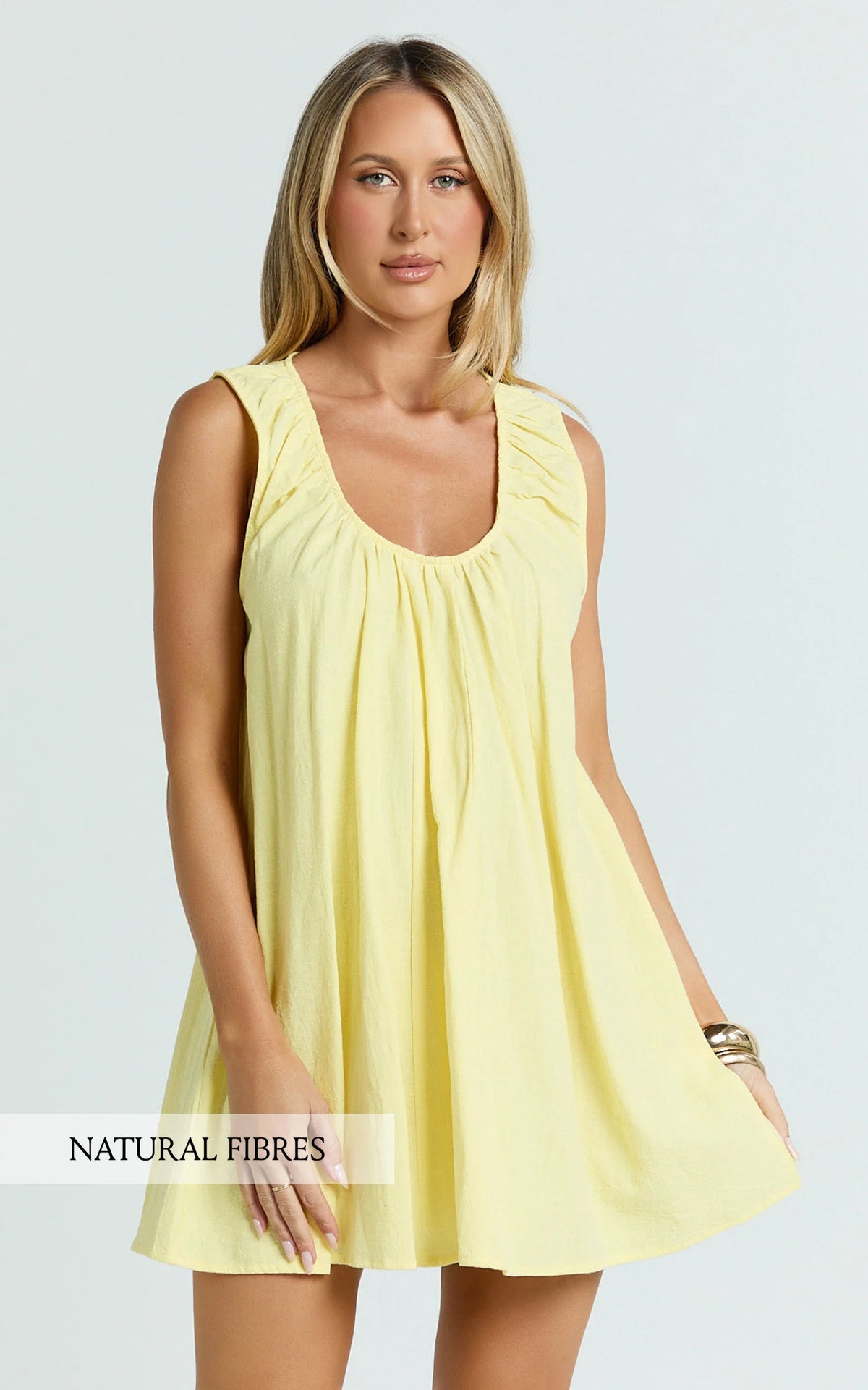Lucinda Mini Dress - Deep U Gathered Neck Smock Dress in Pale Blue
