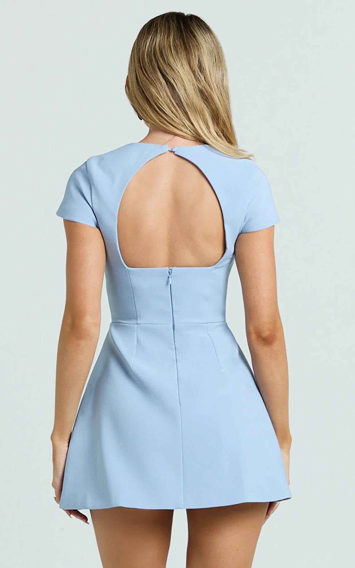 Yuna Mini Dress - Cap Sleeve Open Back Fit And Flare Tulip Dress in Blue