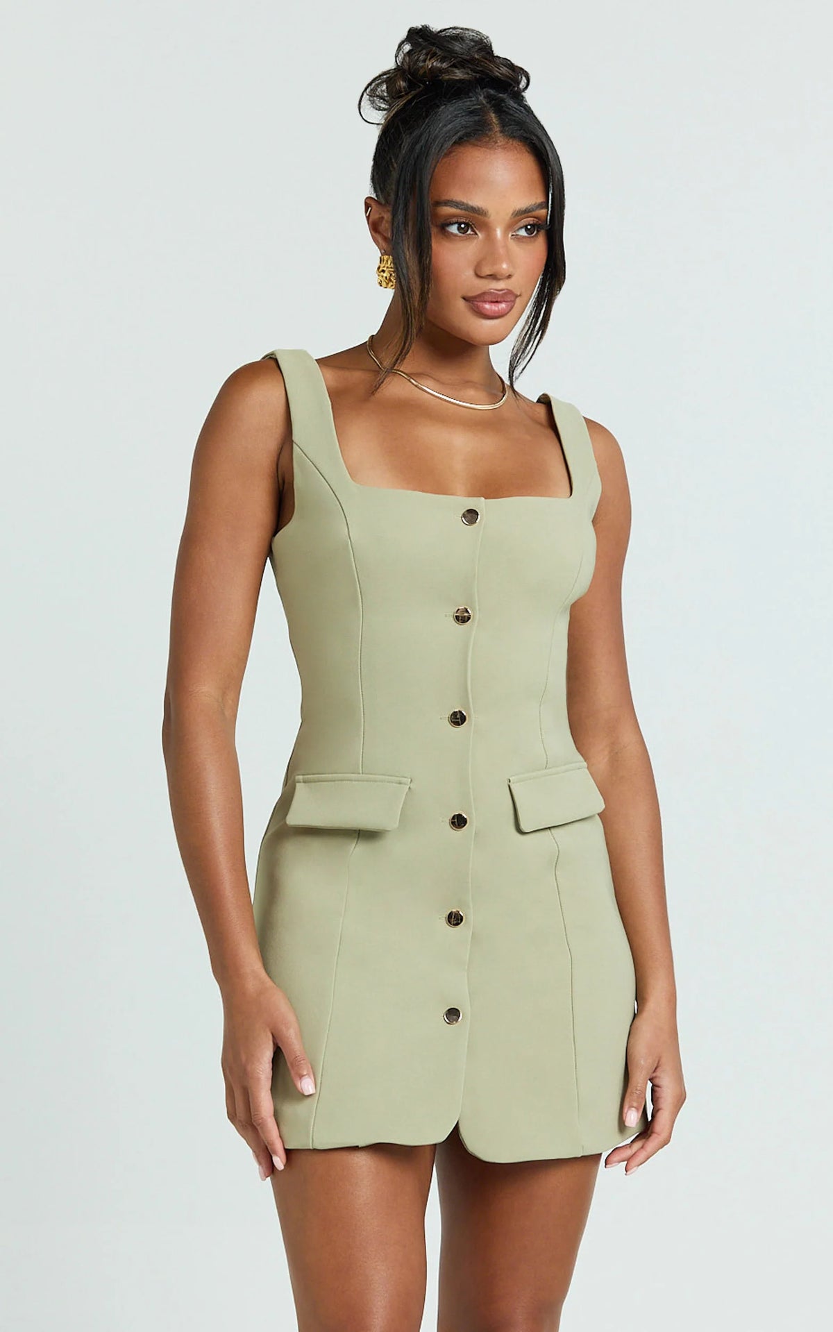 Kenna Mini Dress - Square Neck Button Down Mini Dress in Powder Blue