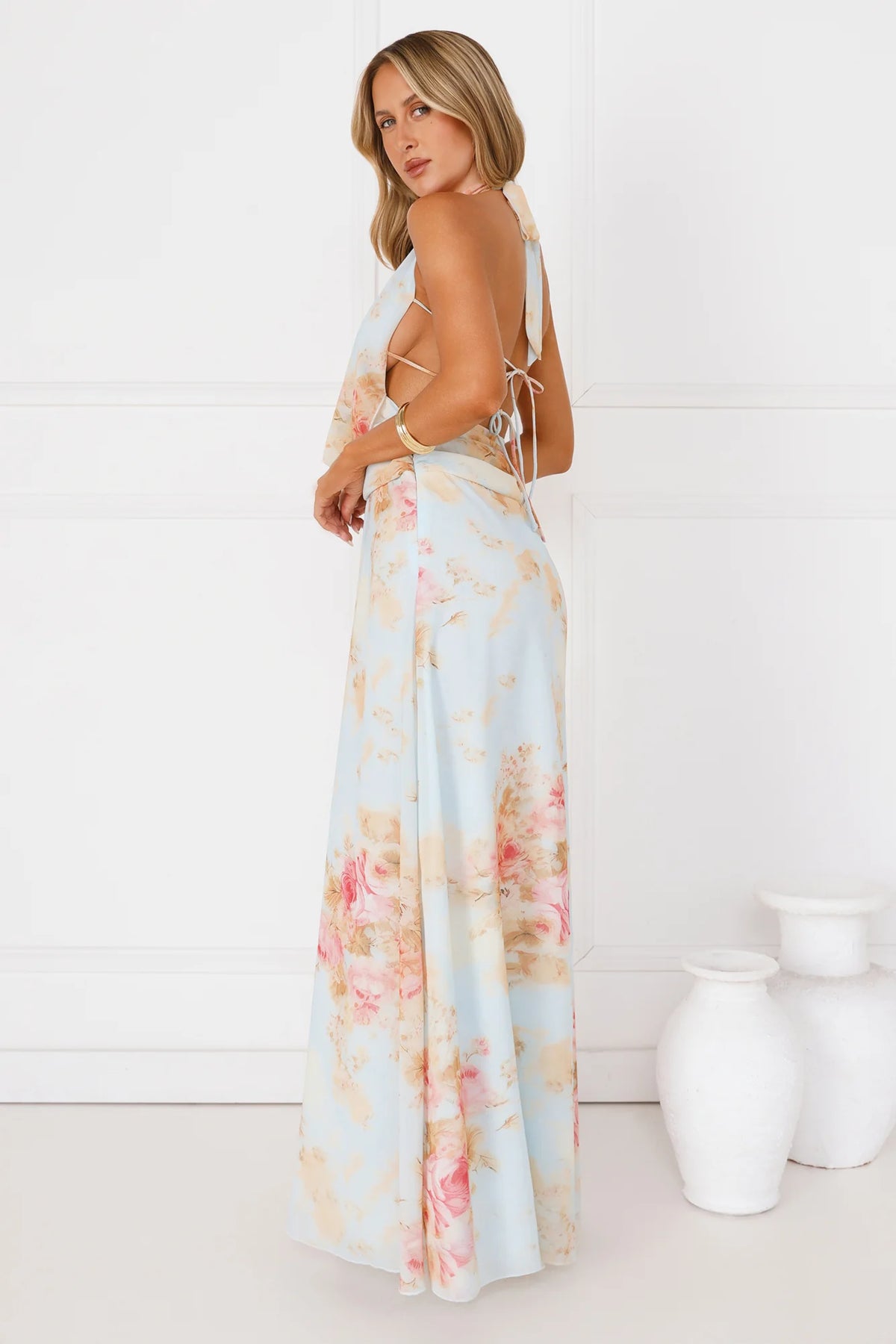 Dreamy Petals Halter Maxi Dress Blue