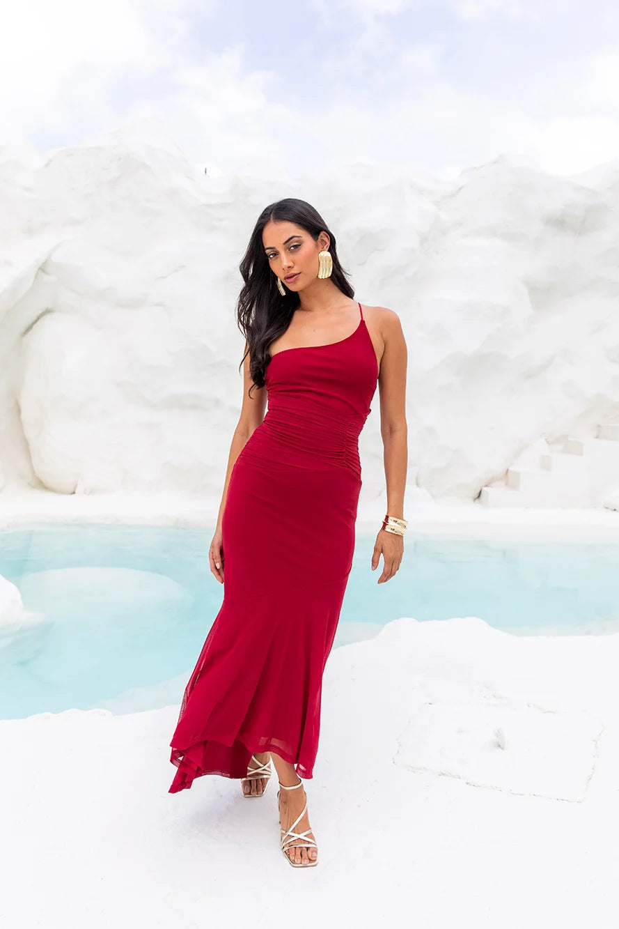 Self Expression One Shoulder Mesh Maxi Dress Green