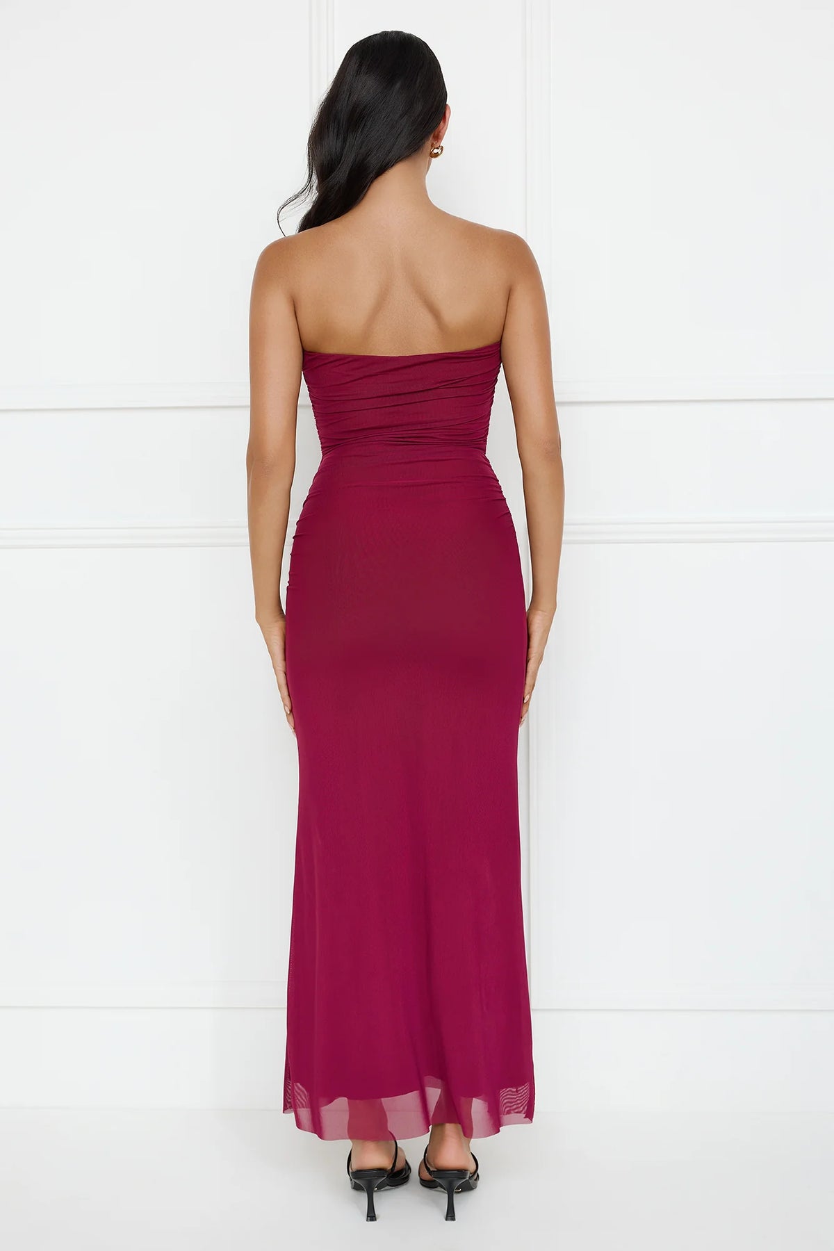 Noir Seduction Strapless Mesh Maxi Dress Burgundy