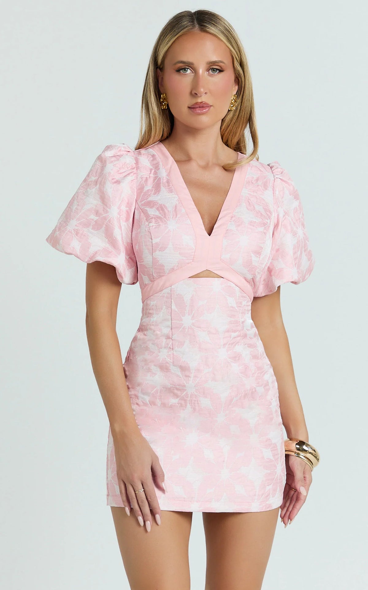Diana Mini Dress - Jacquard Short Sleeve Cut Out Dress in Lemon