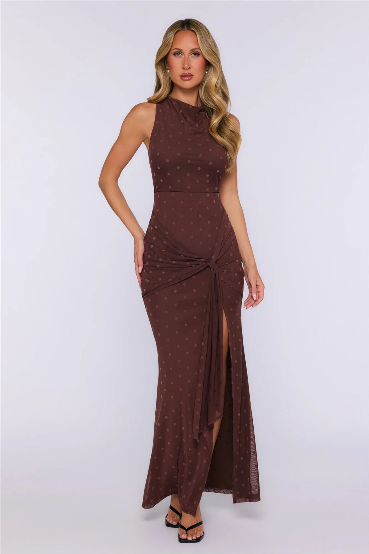 Style Found Mesh Polka Dot Maxi Dress Brown