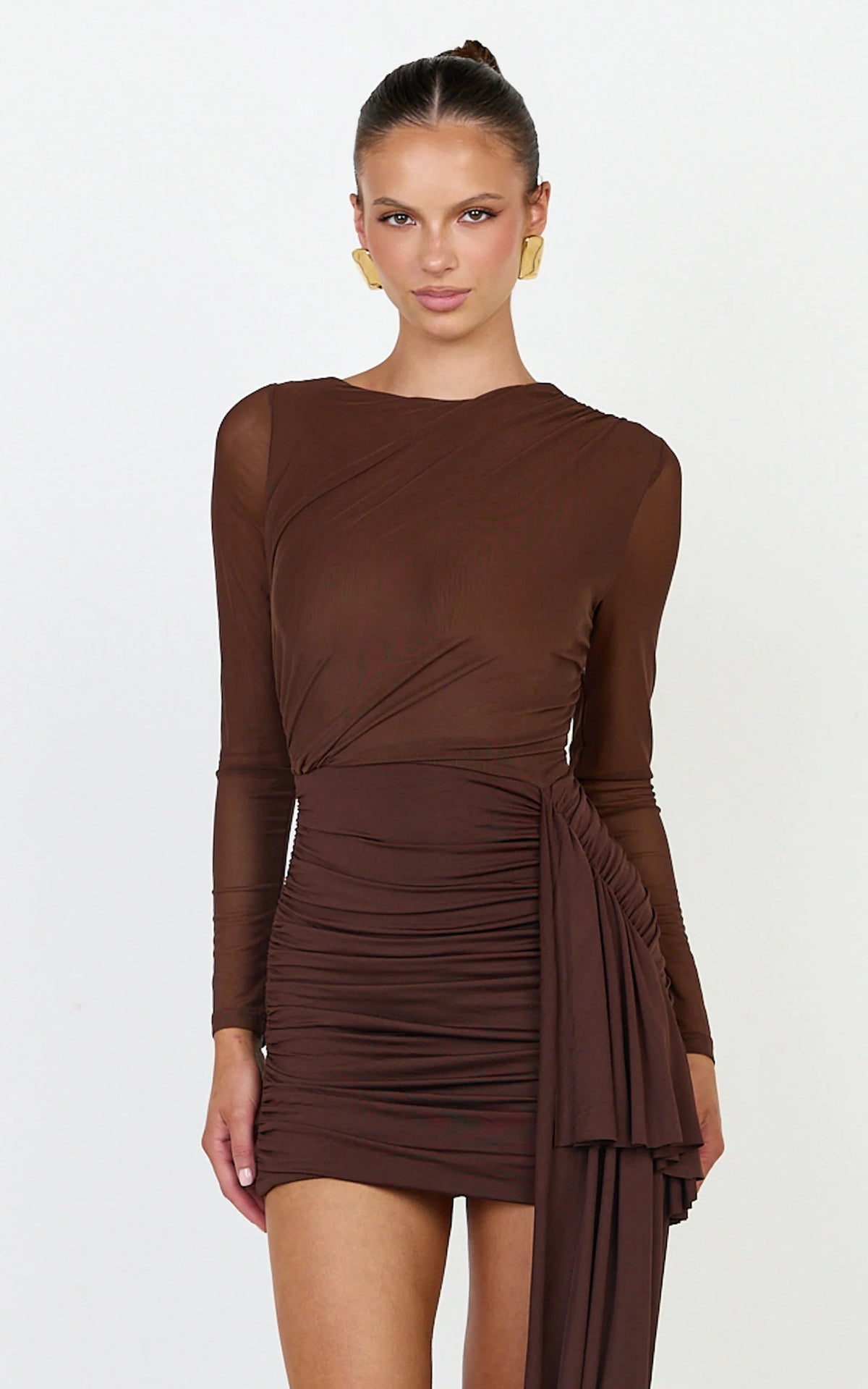 Jasmine Mini Dress - Long Sleeve Draped Skirt Overlay Dress in Wine