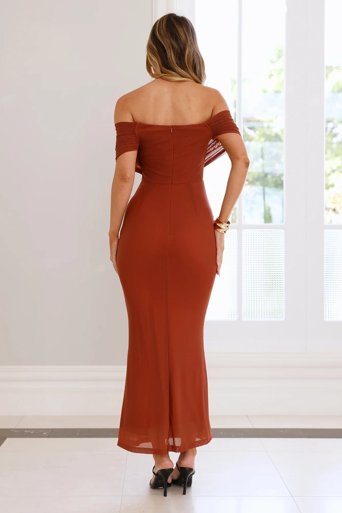 Invited Off Shoulder Mesh Maxi Dress Black