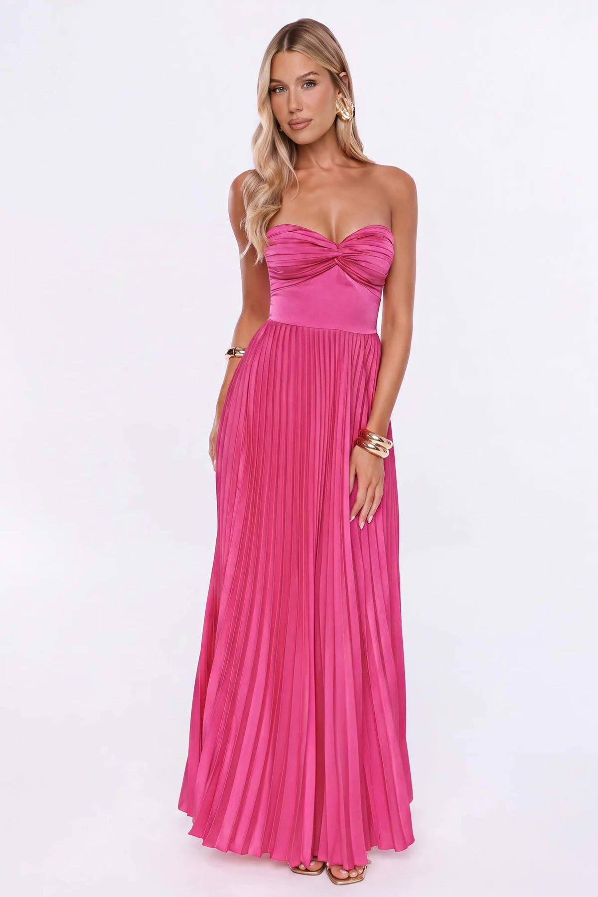 Dress Society Satin Pleated Strapless Maxi Dress Yellow