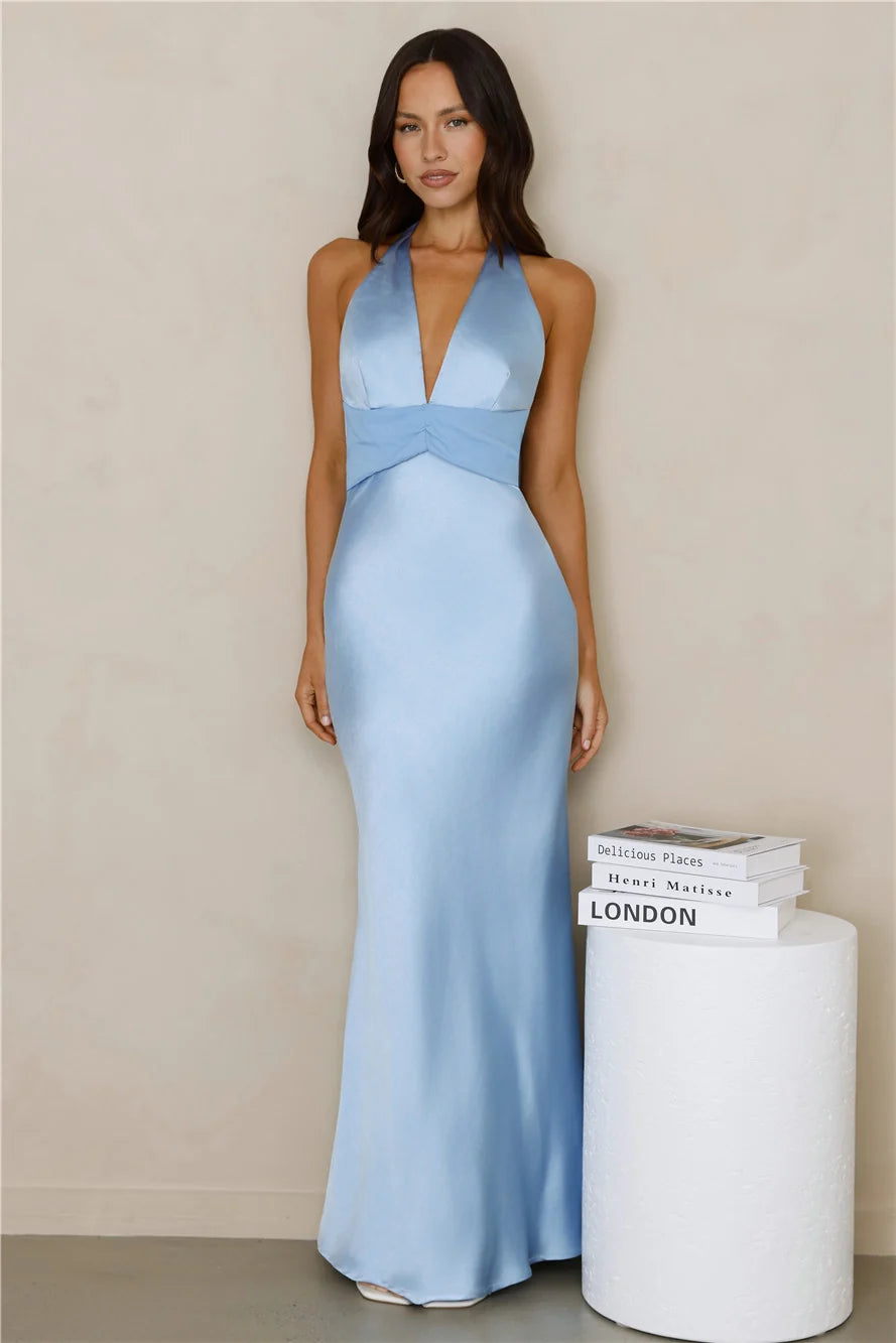 Spiced Sunset Satin Halter Maxi Dress Sage