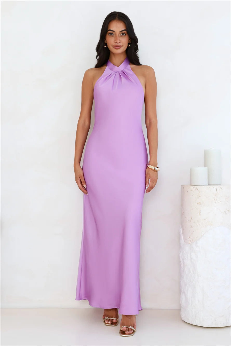 Delicate Dazzle Halter Satin Maxi Dress Peach