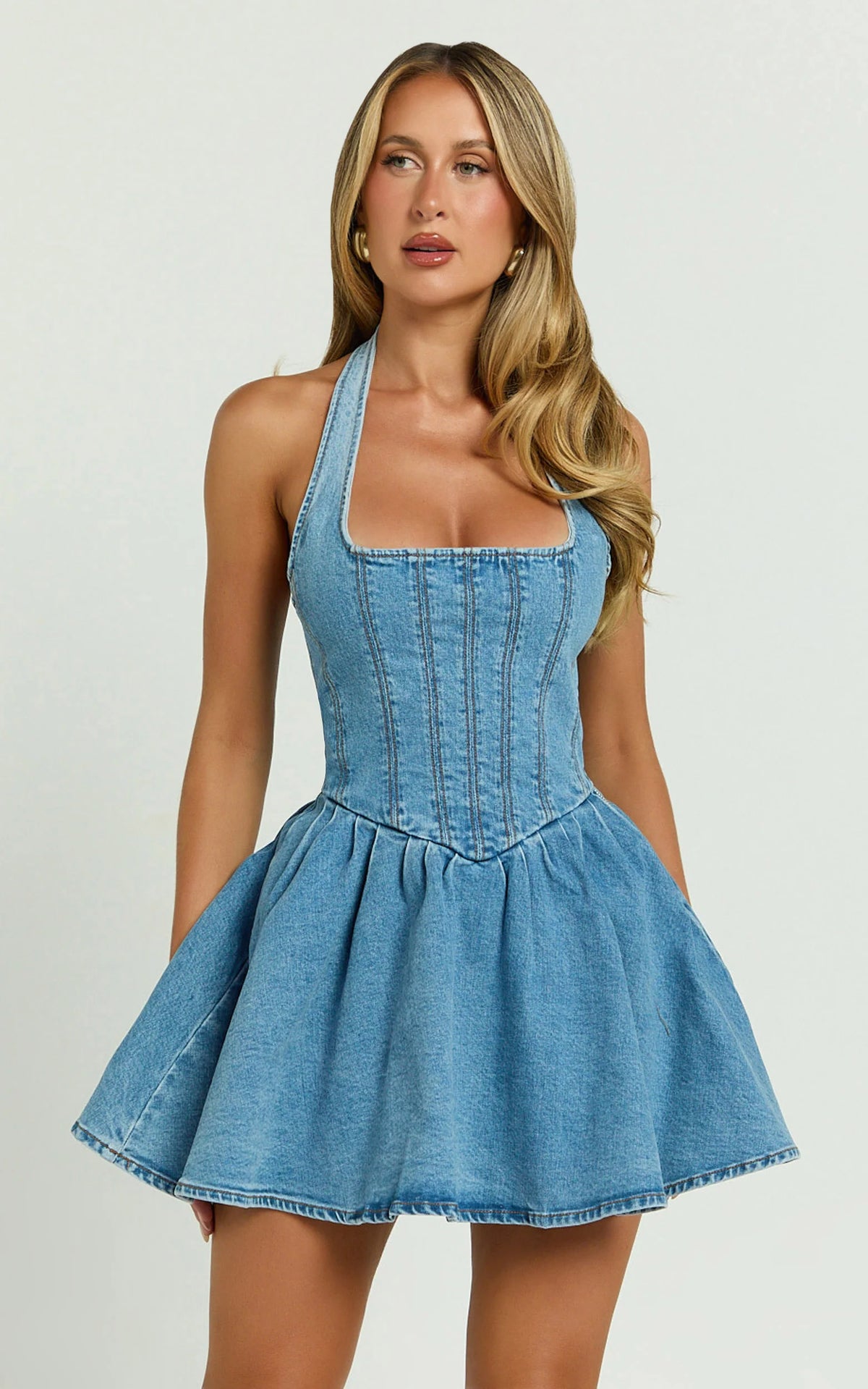 Hayes Mini Dress - Halter Neck Corset Bodice Dress in Cream Contrast Stitch