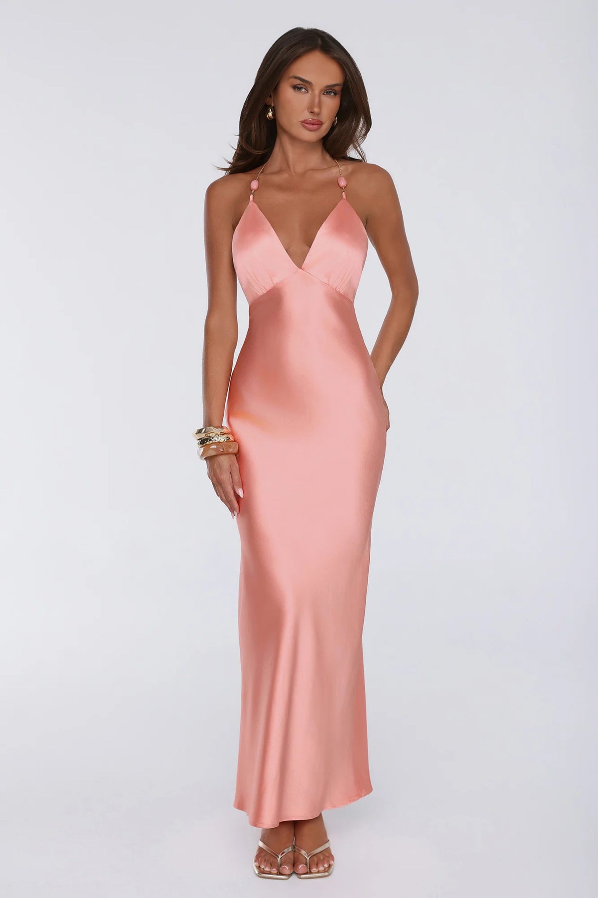 Pearl Indulgence Satin Maxi Dress Peach